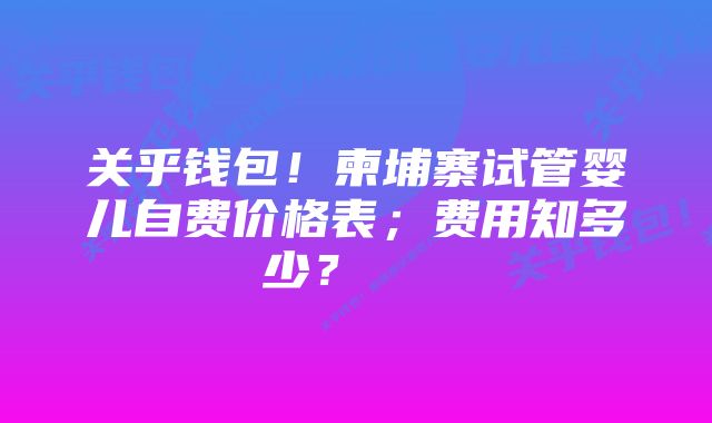关乎钱包!柬埔寨试管婴儿自费价格表;费用知多少?