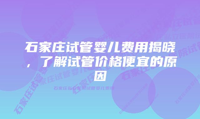 石家庄试管婴儿费用揭晓,了解试管价格便宜的原因